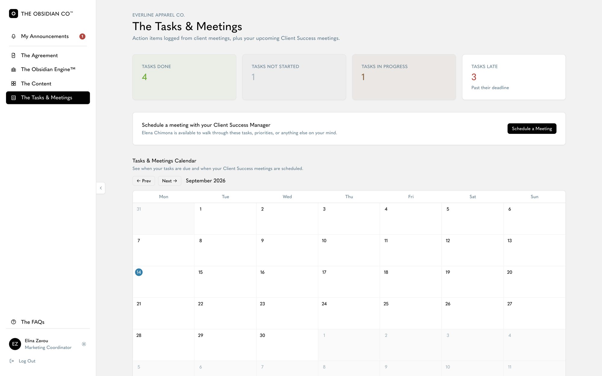 The tasks and meetings view, where the agreed work is run