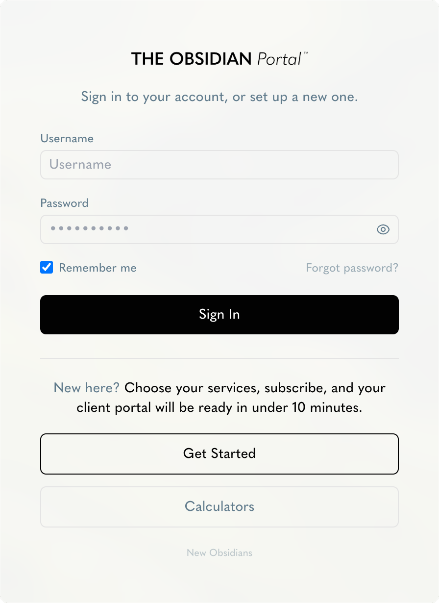 The Obsidian Portal sign in screen: sign in, or get started as a new client